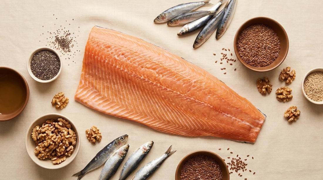 Alimentos ricos en Omega-3 como salmón, sardinas, chía y nueces