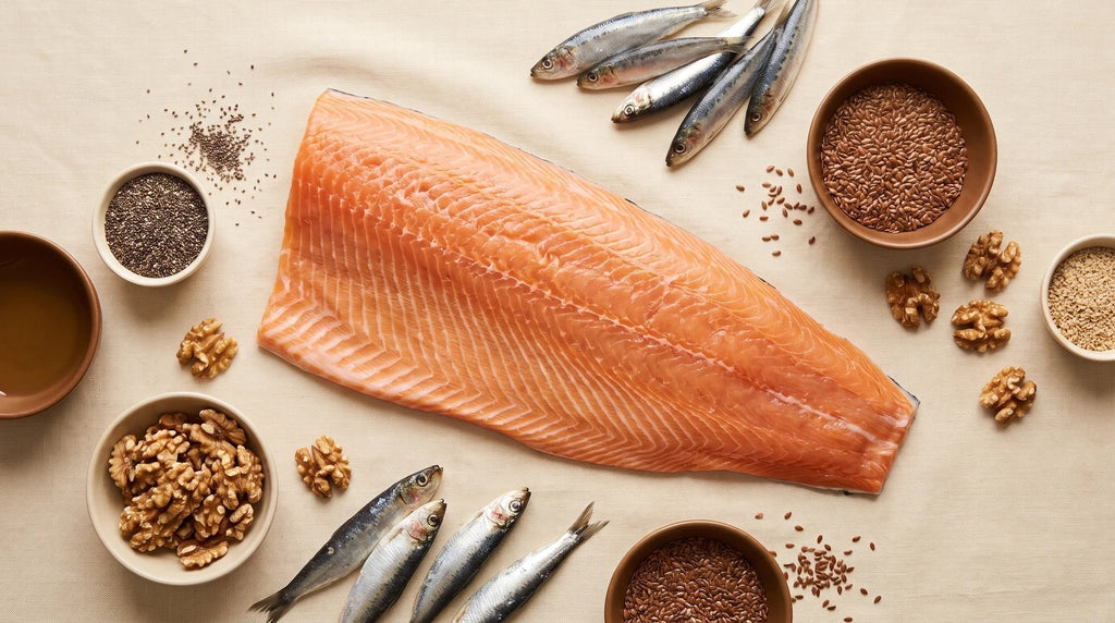 Alimentos ricos en Omega-3 como salmón, sardinas, chía y nueces