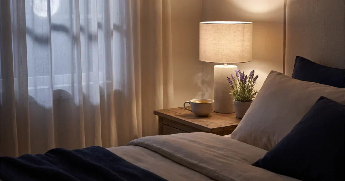 Escena nocturna serena con té de manzanilla humeante junto a una planta, luz cálida y tenue, ambiente de descanso