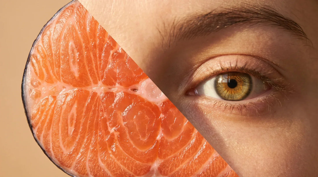 Composición dividida entre un filete de salmón fresco y un ojo humano en primer plano, representando DHA y EPA