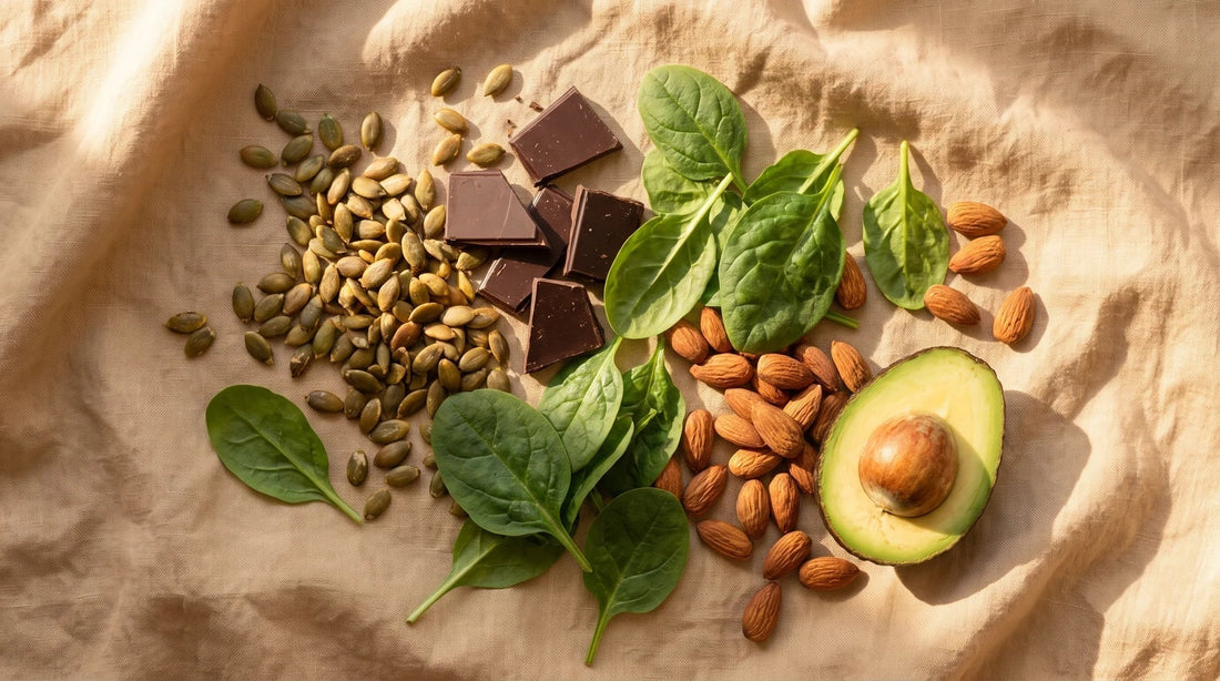 Alimentos ricos en magnesio como semillas de calabaza, chocolate oscuro, espinaca y almendras