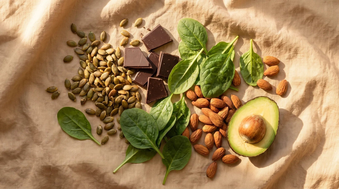 Alimentos ricos en magnesio como semillas de calabaza, chocolate oscuro, espinaca y almendras