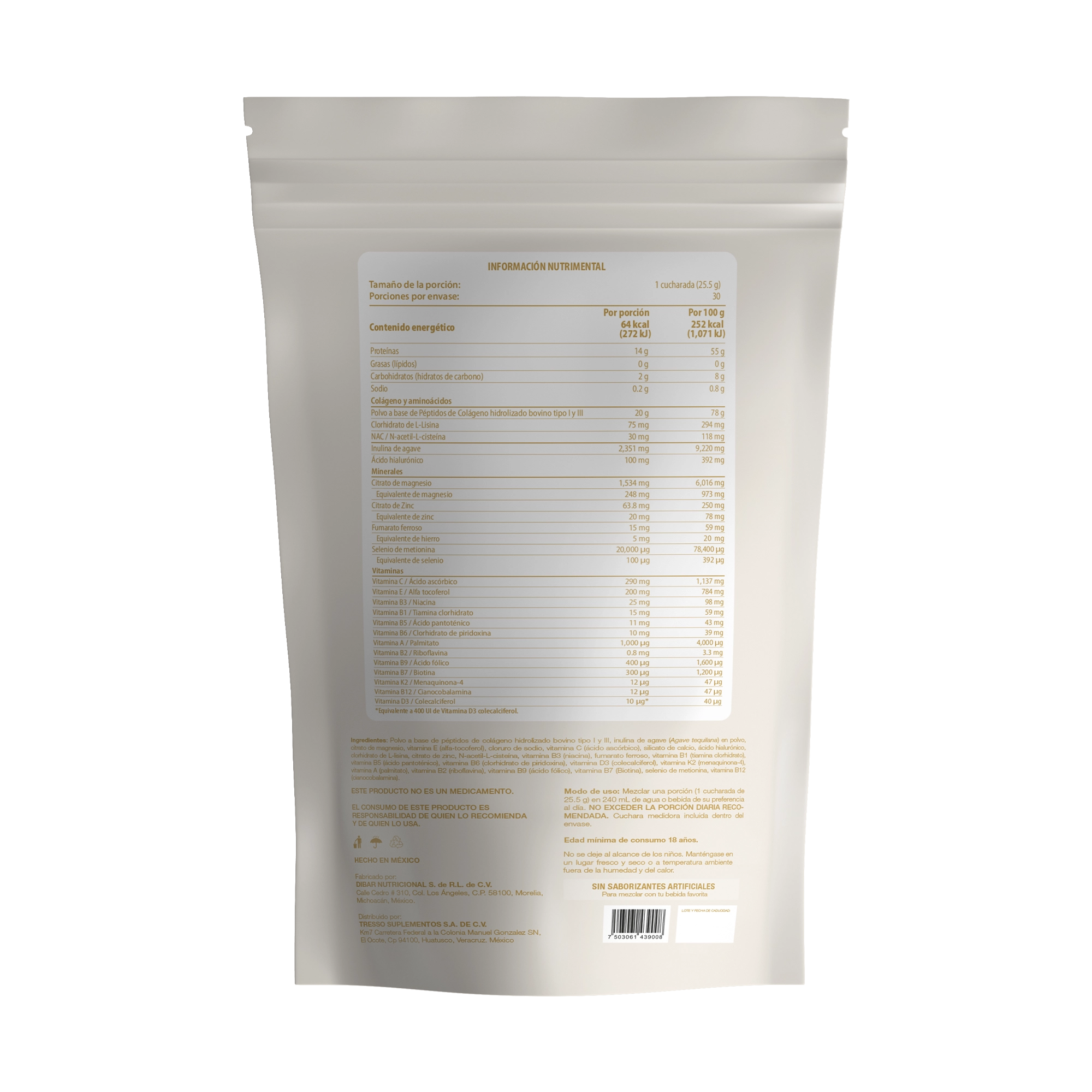 Bolsa de Collagen Complex TRESSO Suplementos, colágeno hidrolizado en polvo, 765g