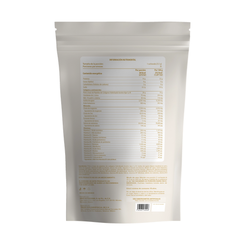 Etiqueta trasera de Collagen Complex TRESSO Suplementos con información nutrimental