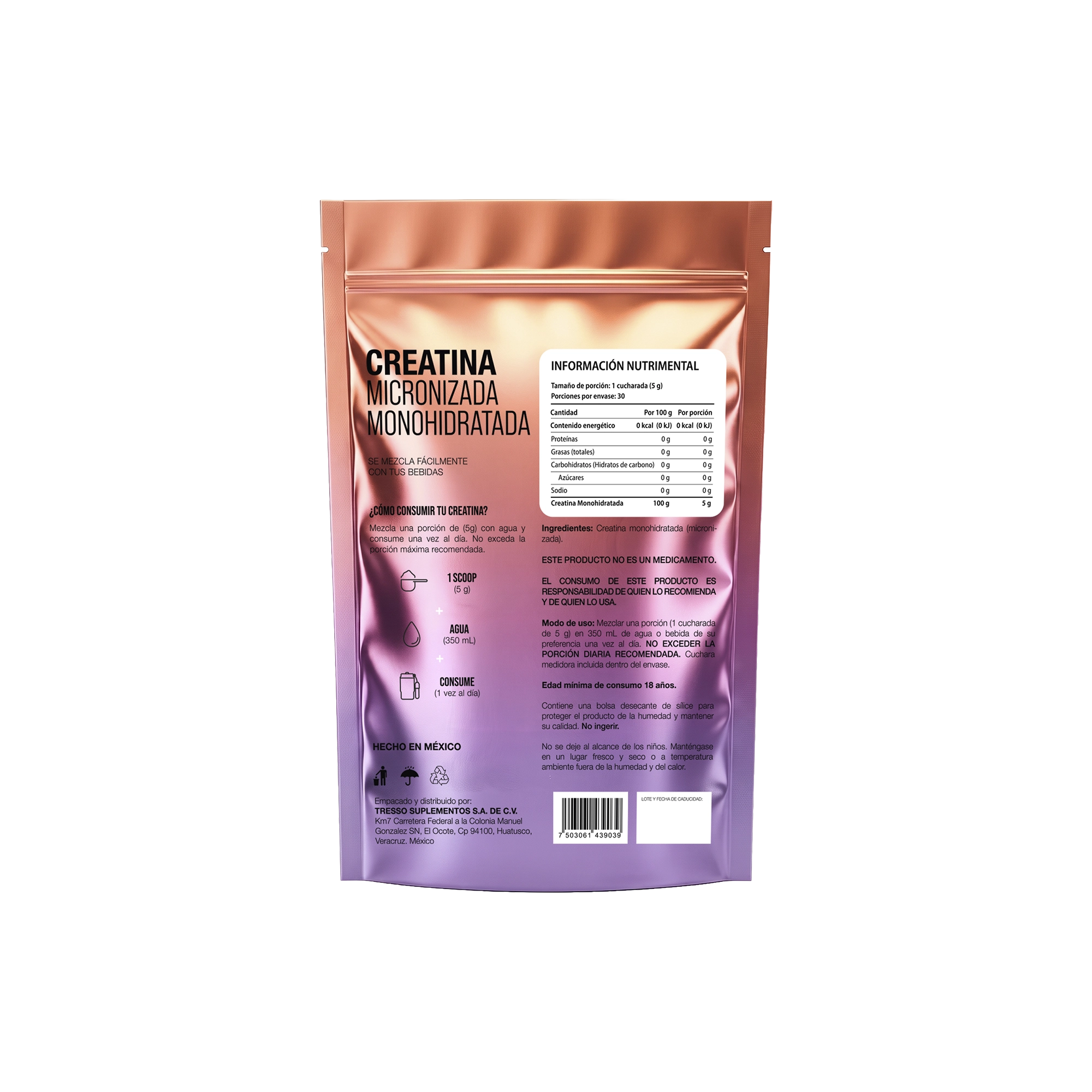 Bolsa de Creatina Monohidratada Micronizada TRESSO Suplementos, alta pureza, sin sabor
