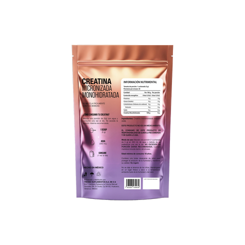 Etiqueta trasera de Creatina Monohidratada TRESSO Suplementos con información nutrimental