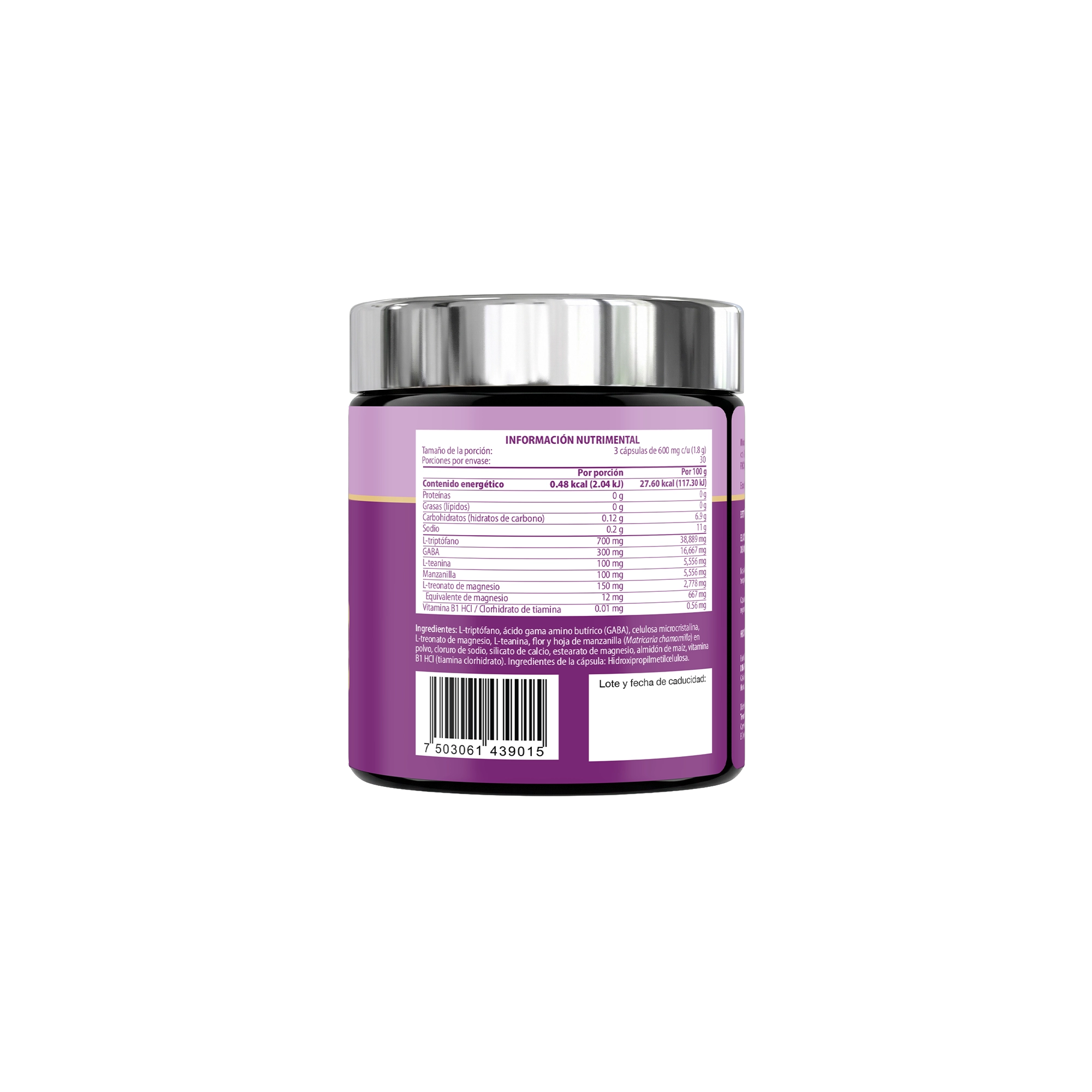Frasco de M∞n Blend TRESSO Suplementos, fórmula con L-Triptófano, GABA y L-Teanina, 90 cápsulas
