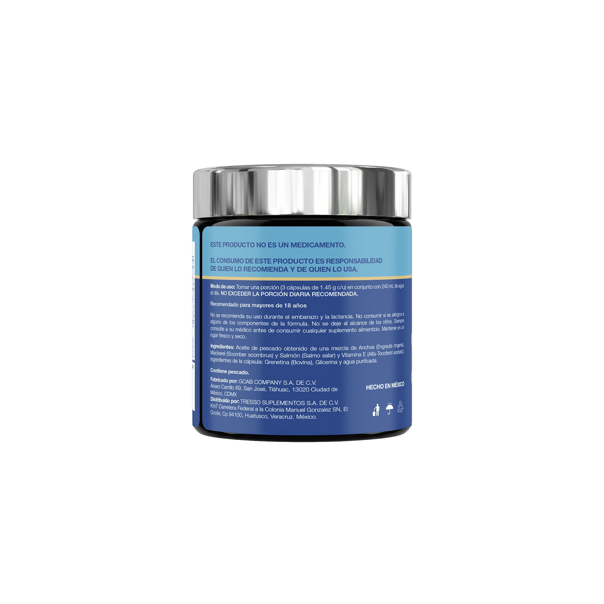 Vista lateral del frasco de Omega-3 TRESSO Suplementos con etiqueta de EPA y DHA