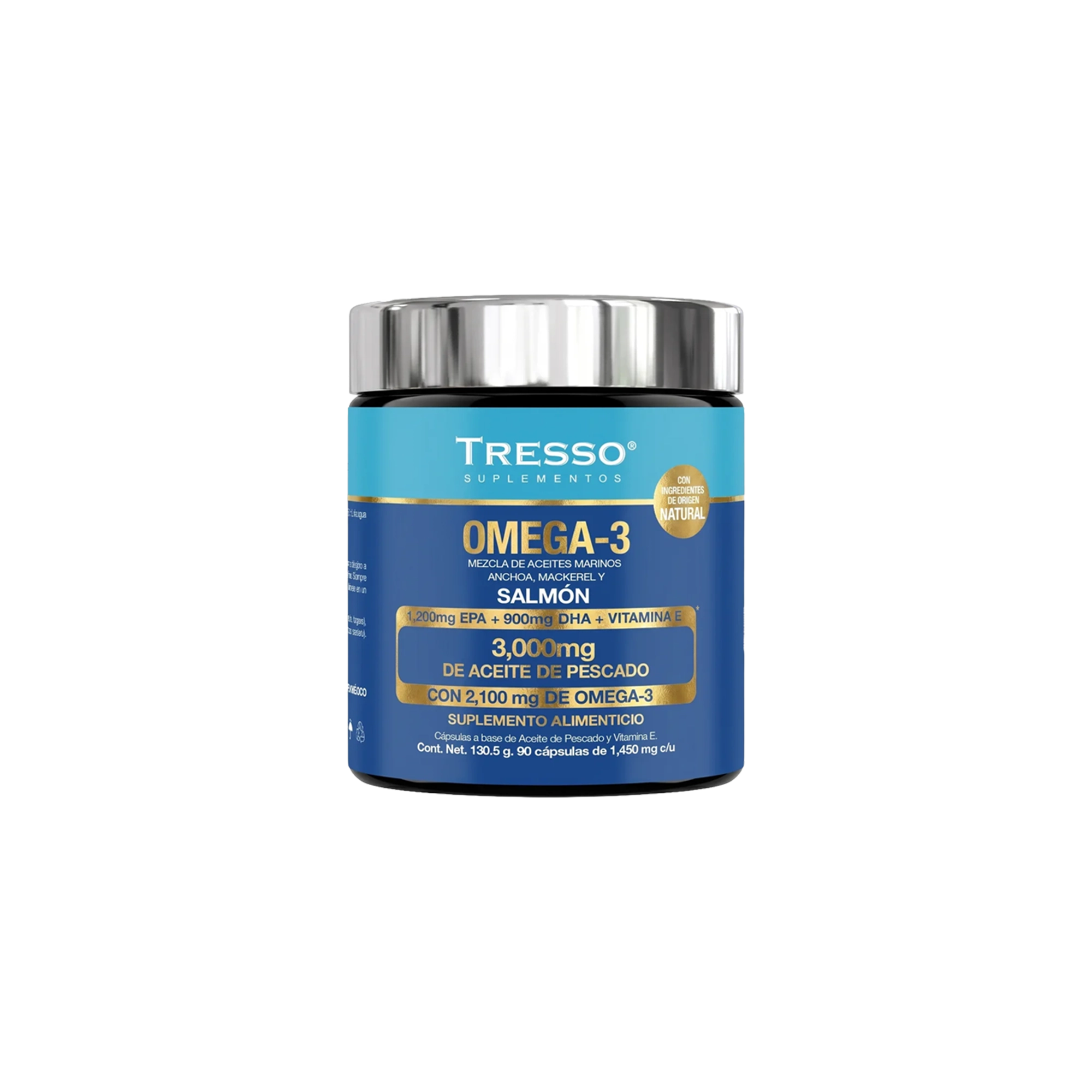 Frasco de Omega-3 TRESSO Suplementos, 3,000mg de aceite de pescado, 90 cápsulas