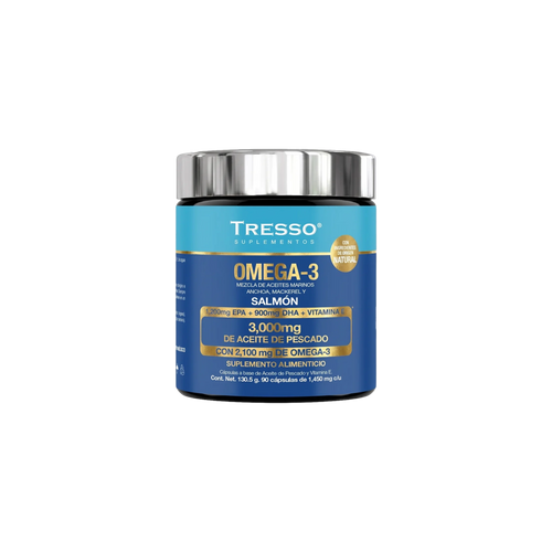 Frasco de Omega-3 TRESSO Suplementos, 3,000mg de aceite de pescado, 90 cápsulas