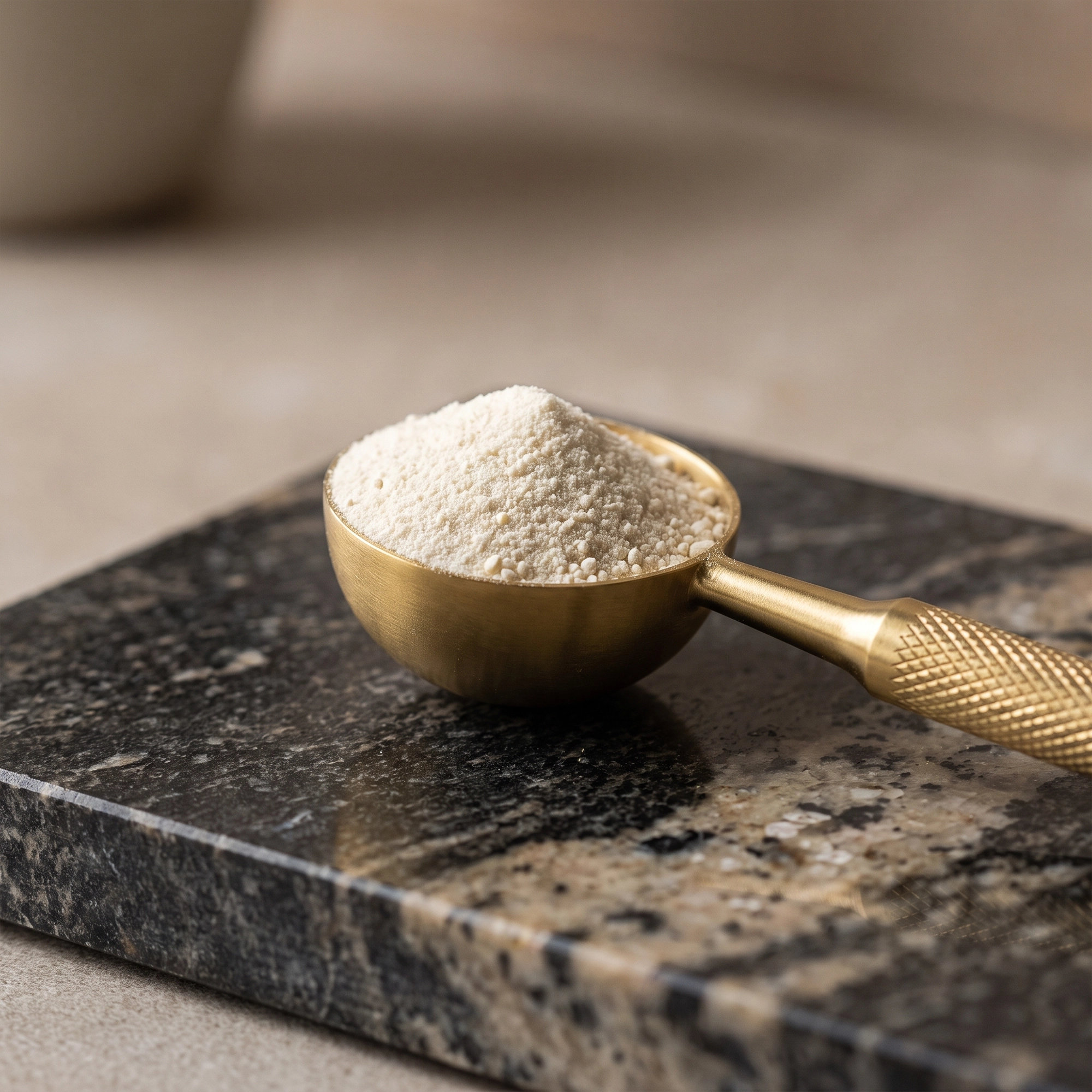 Porción de Collagen Complex TRESSO Suplementos en cuchara dorada sobre mármol