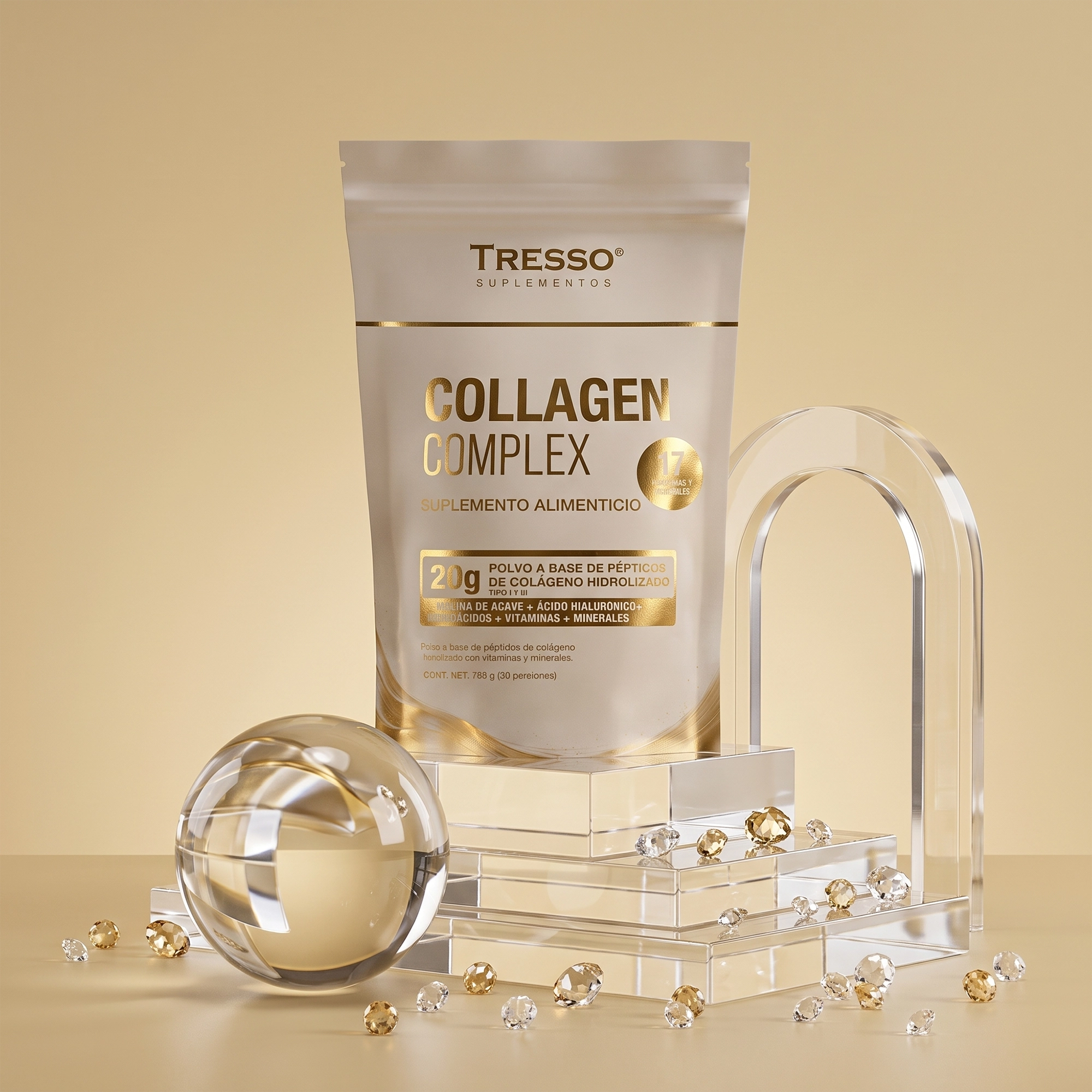 Bolsa de Collagen Complex TRESSO Suplementos en composición de estudio con acentos dorados