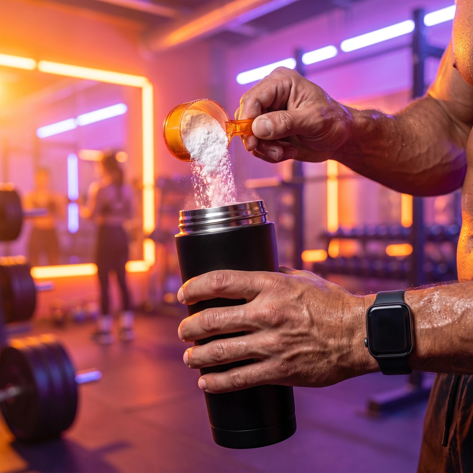 Hombre preparando Creatina Monohidratada TRESSO Suplementos en shaker en gimnasio