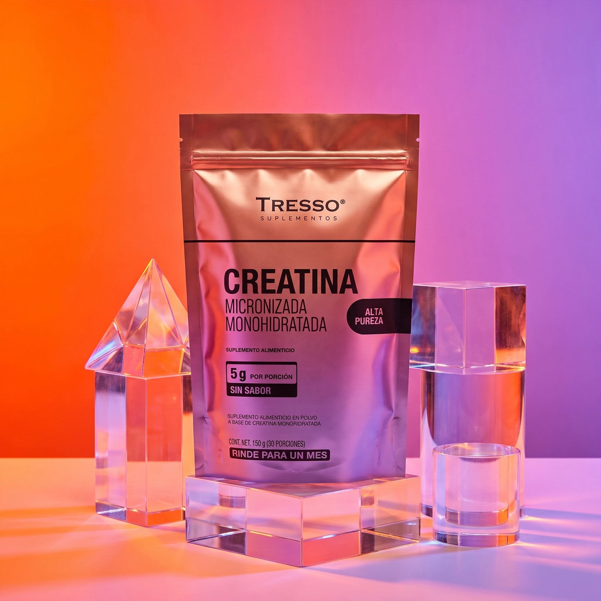 Bolsa de Creatina Monohidratada TRESSO Suplementos en composición de estudio con fondo degradado
