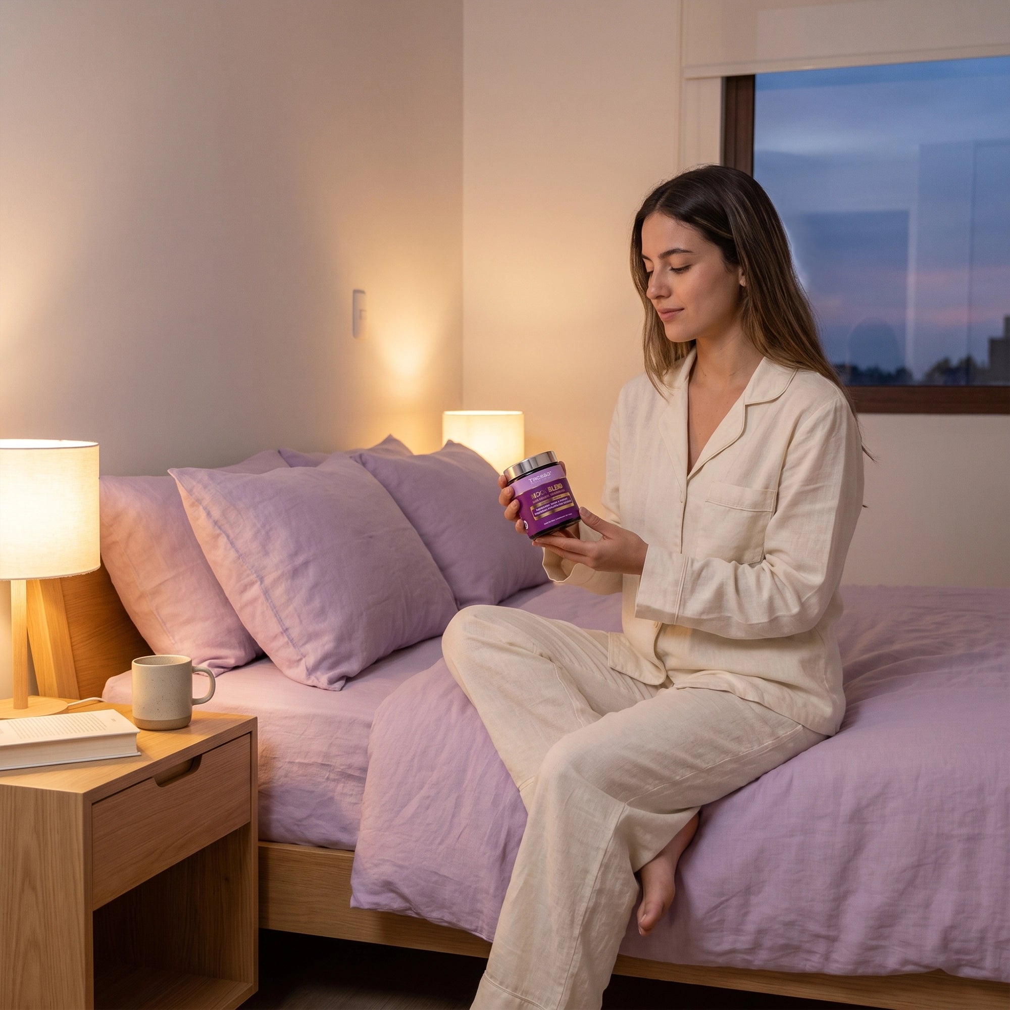 Mujer en su habitación sosteniendo el frasco de M∞n Blend TRESSO Suplementos