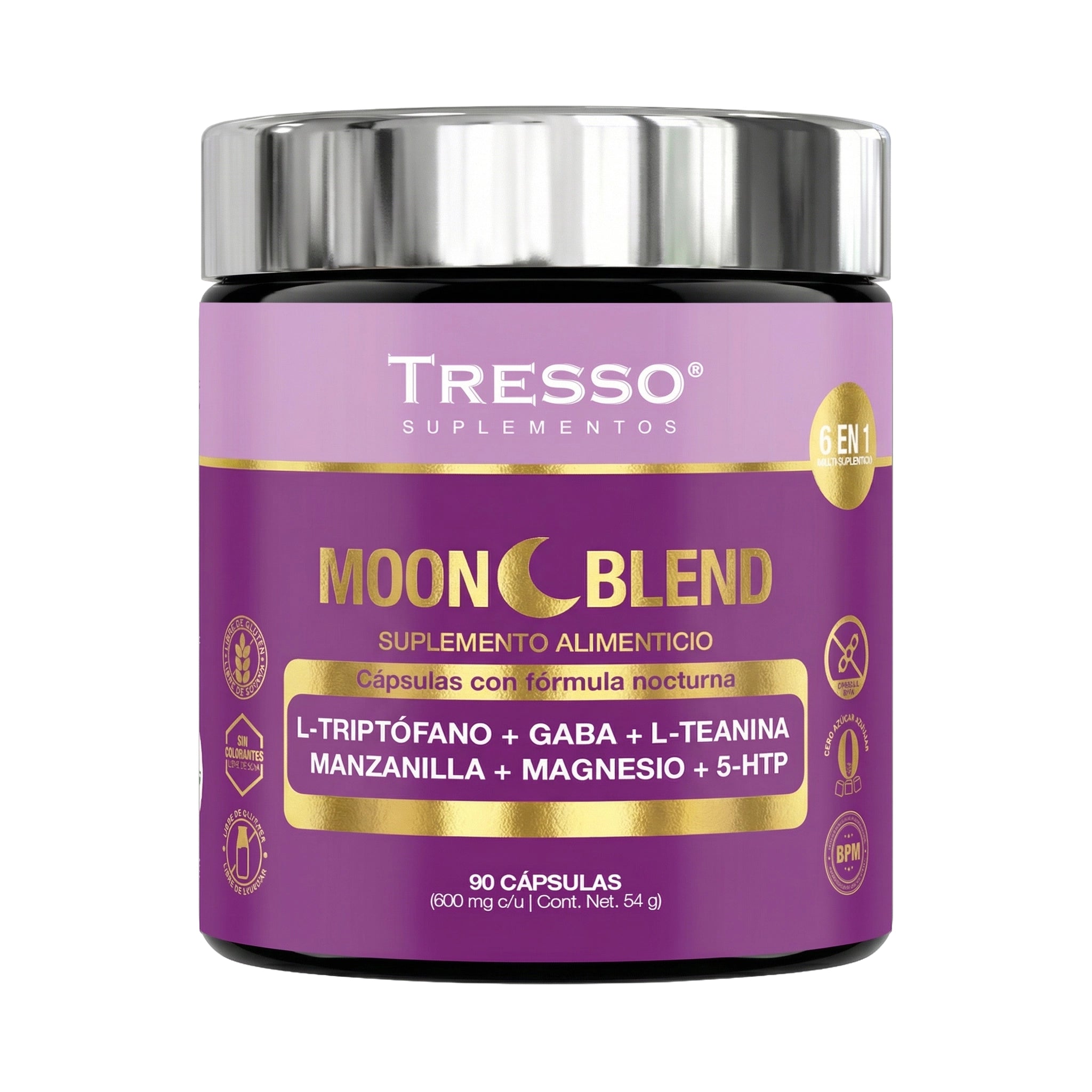 Moon Blend | Fórmula Nocturna 6 en 1: Magnesio, GABA, Triptófano y 5-HTP | 90 Cápsulas