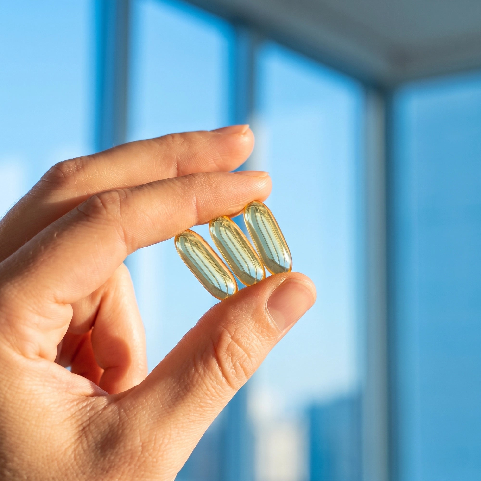 Cápsula de Omega-3 TRESSO Suplementos sostenida entre los dedos