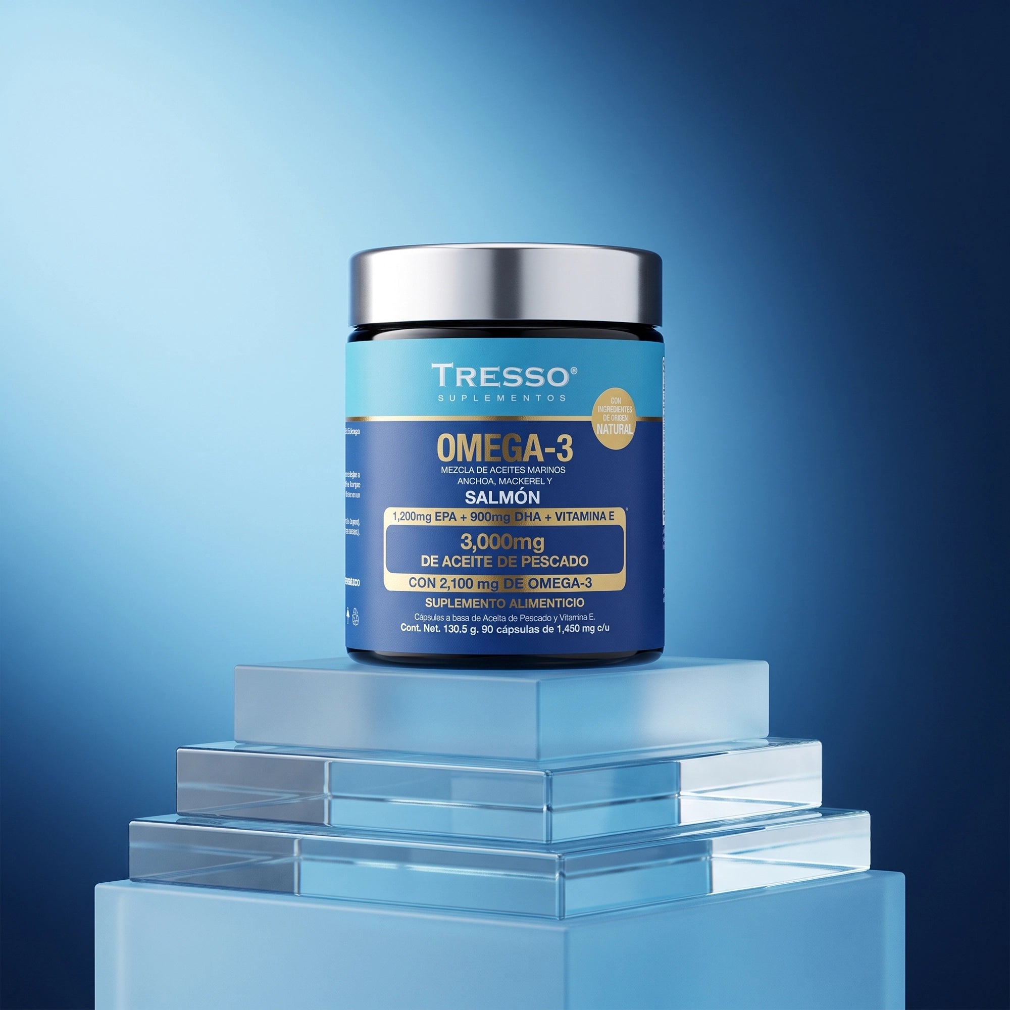 Frasco de Omega-3 TRESSO Suplementos en composición de estudio con fondo azul
