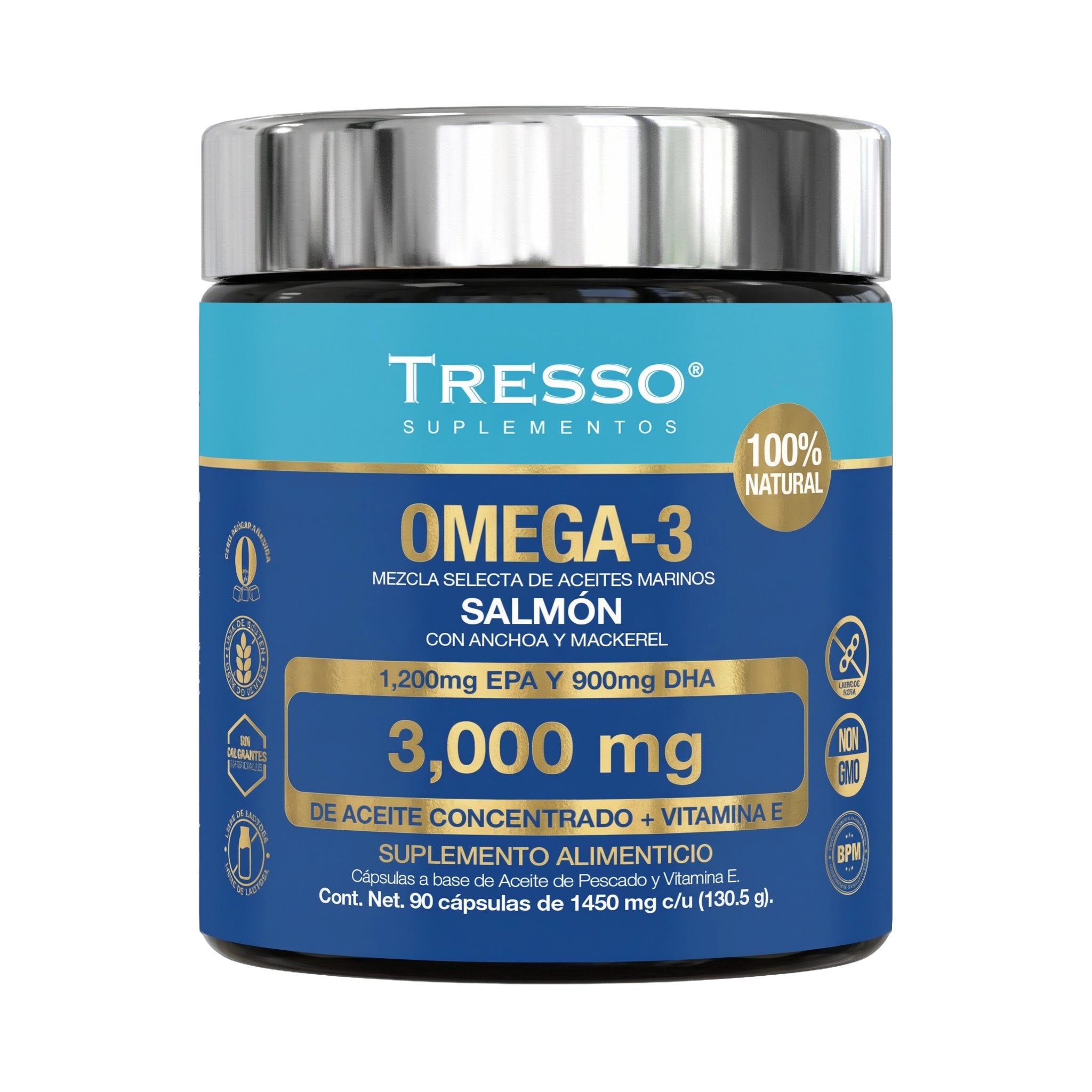 Omega-3 Alta Concentración | 3,000 mg de Salmón Salvaje, Anchoa y Mackerel | 90 Cápsulas