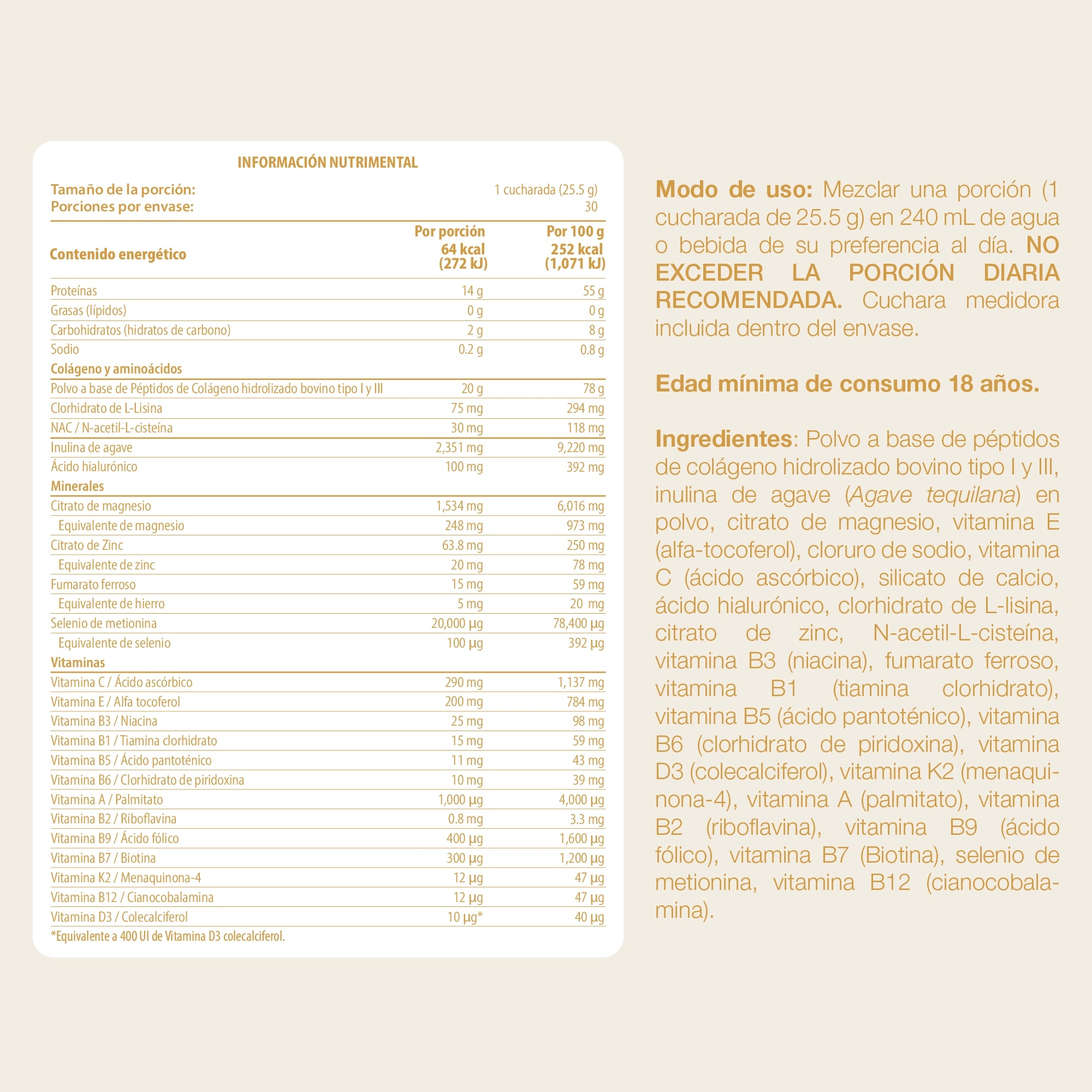 Tabla de información nutrimental e ingredientes de Collagen Complex TRESSO Suplementos