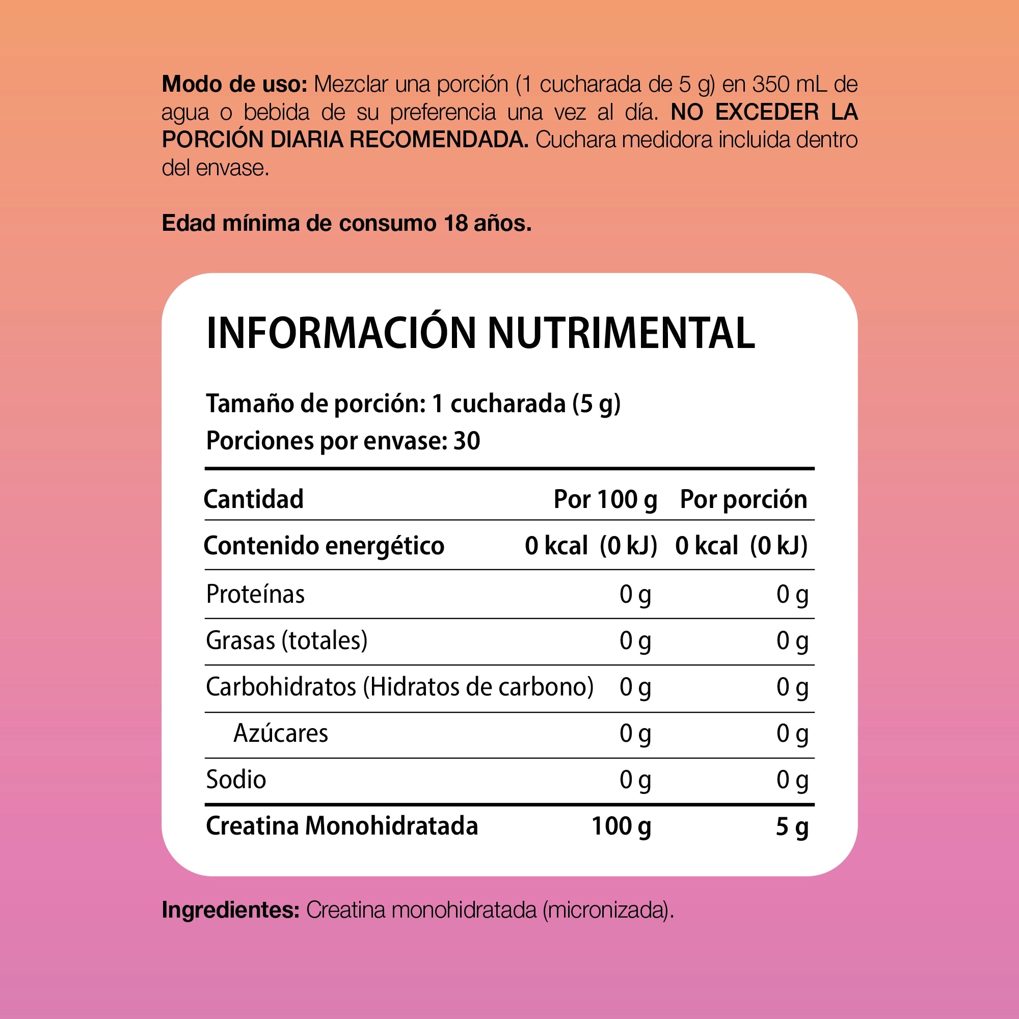 Tabla de información nutrimental de Creatina Monohidratada TRESSO Suplementos