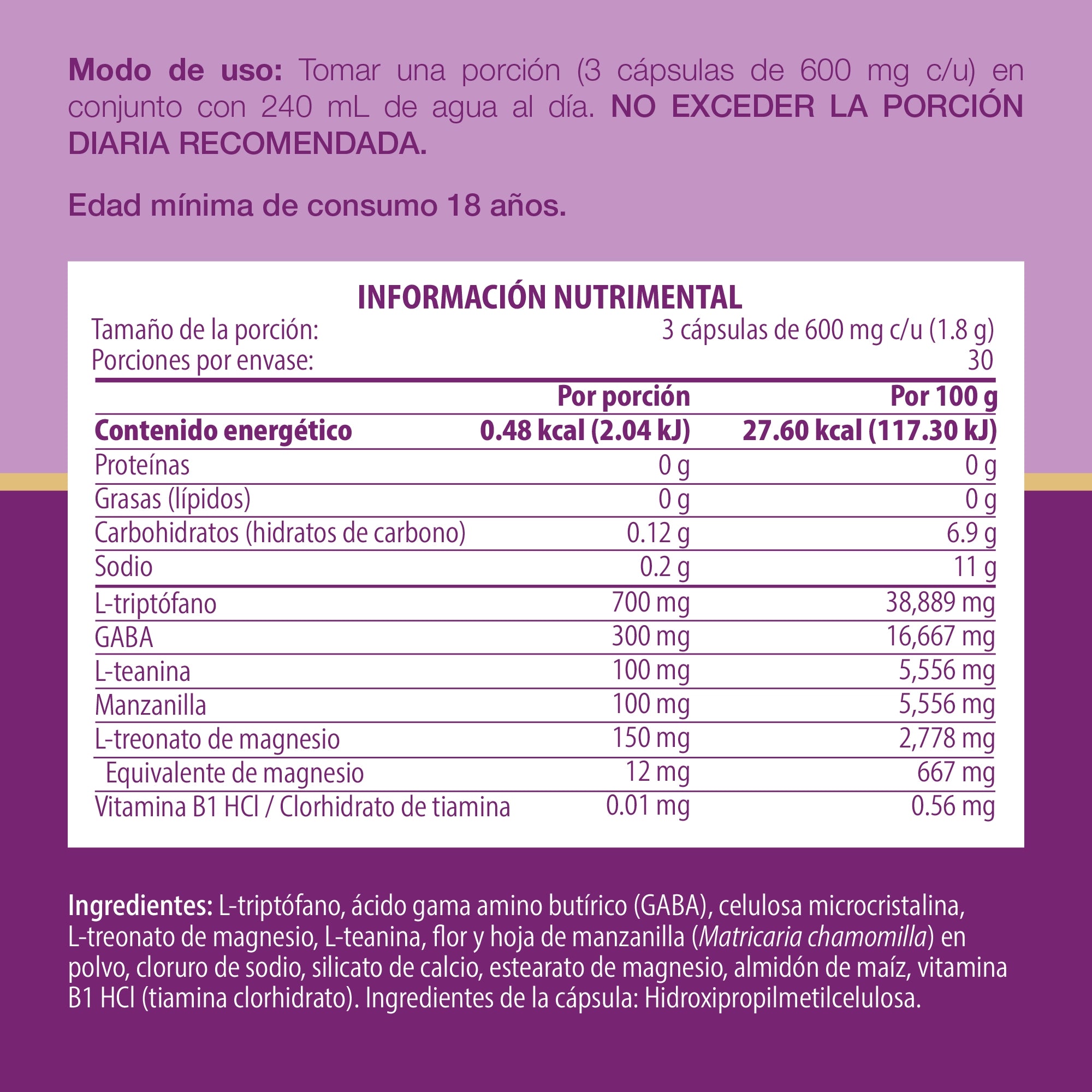 Tabla de información nutrimental e ingredientes de M∞n Blend TRESSO Suplementos