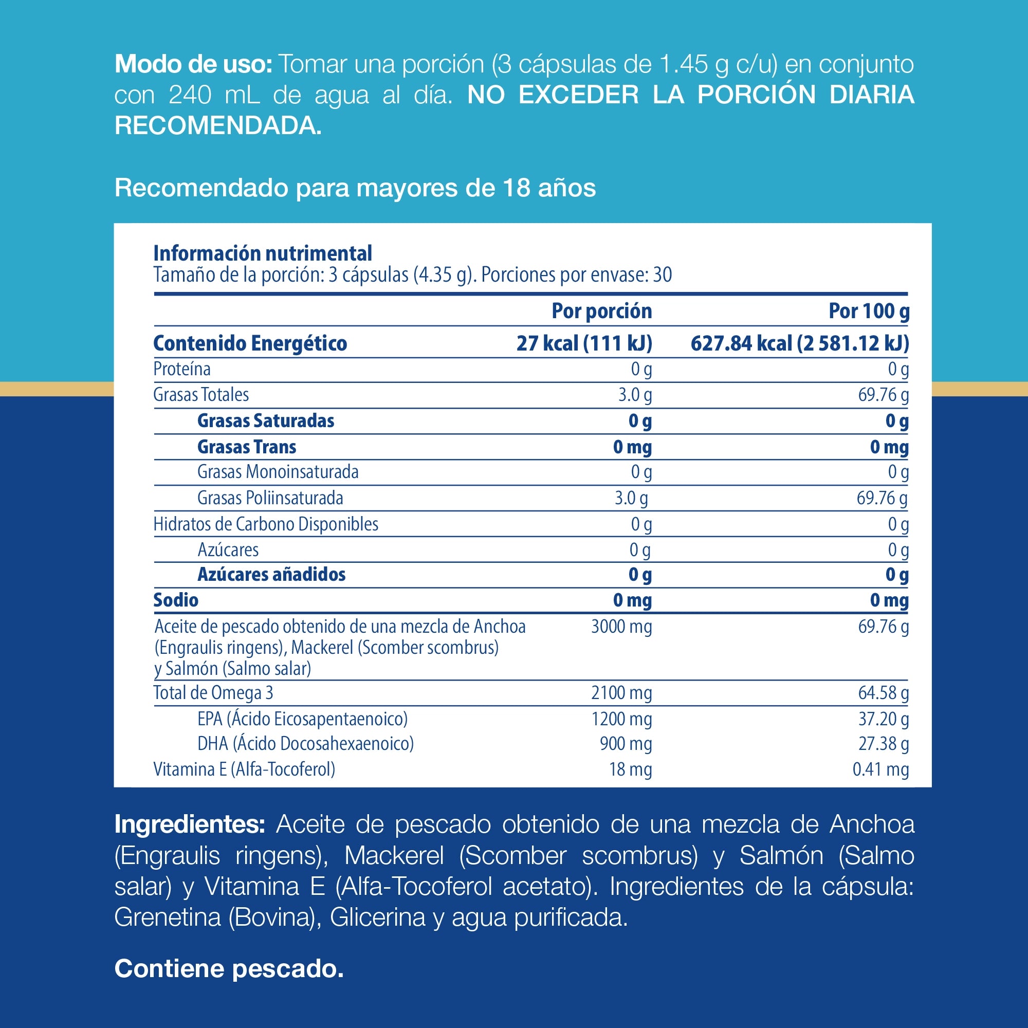 Tabla de información nutrimental e ingredientes del Omega-3 TRESSO Suplementos